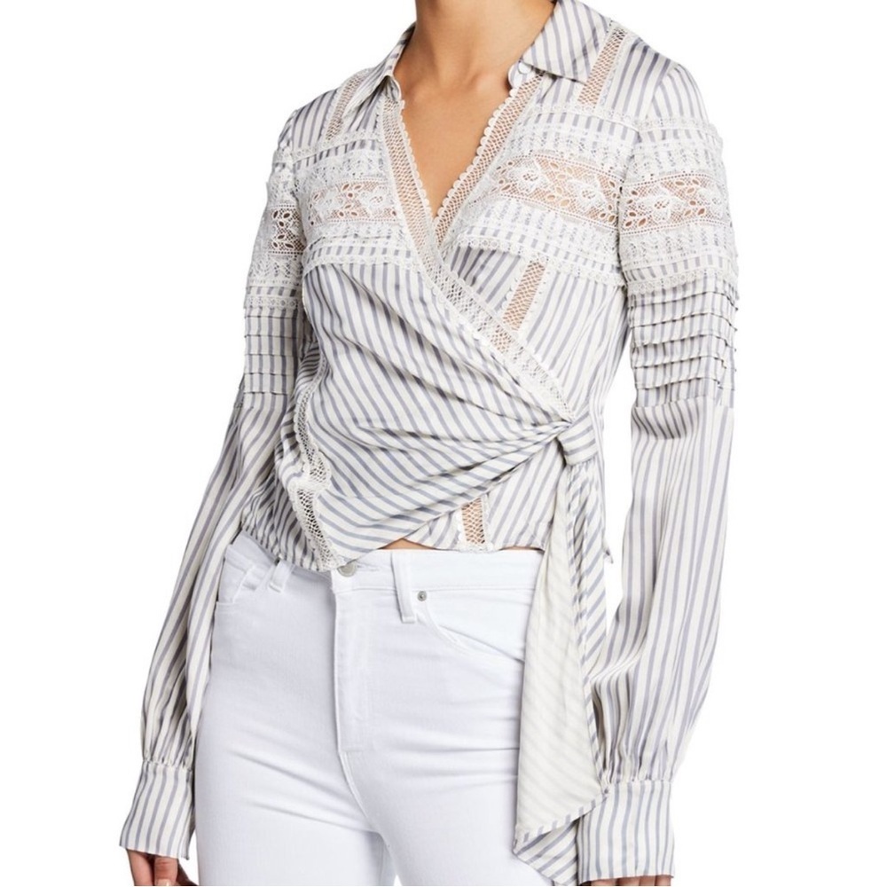 NWT Self Portrait blue striped wrap top blue white